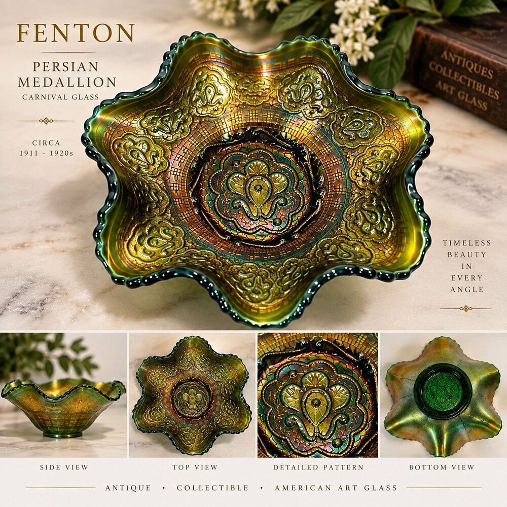 Fenton Persian Medallion Green & Gold Carnival Glass Iridescent Scalloped Bowl